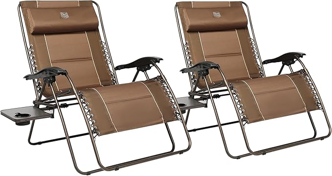 TIMBER RIDGE Oversized Zero Gravity Chair, 33In Wide XXL Zero Gravity Reclining Chair with Side Table, Full Padded Lounge Chair for Outdoor Camping Patio Lawn, Heavy Duty Supports 500lbs, Brown-2 Pack