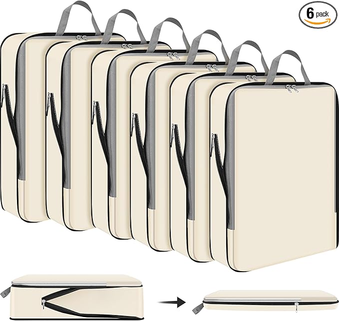 Hosuly 6 Pcs 17.3 x 12.6'' Compression Packing Cube Bag Extra Large Travel Expandable Space Saving Organizers XL for Luggage Storage(Beige)