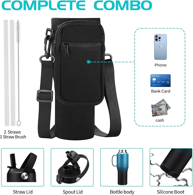 32 40 OZ Insulated Water-Bottle with Handle - Straw & Chug Lid, Strap Carrier Bag & Protective Boot, Stainless Steel Coffee Travel Tumblers, Leak-Proof, Skinny Flask Fit in Car Cup Holder
