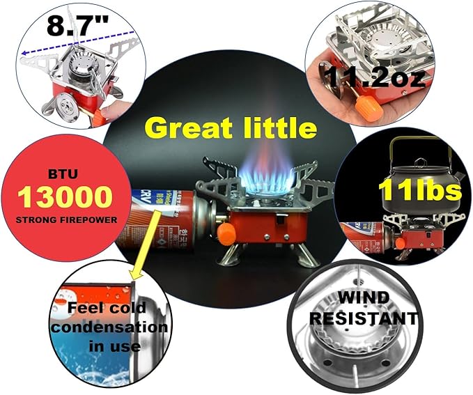 Camping Stove, Backpacking Stove, Foldable, Portable, Lightweight, Piezo Ignition, Single Burner Adjustable, Premium Mini Powerful and Stable Camp Stove for Hiking Picnic, 1+2+1+1pcs
