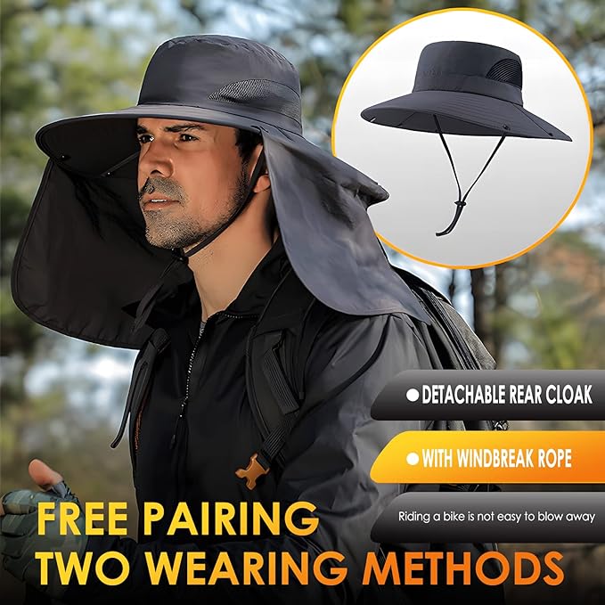 Fishing Hat for Men&Women,Outdoor UV Waterproof Wide Brim Bucket Hat,UPF50+ Sun Hat with Neck Flap