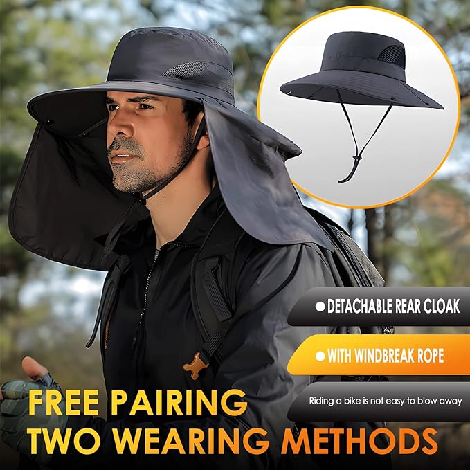 Fishing Hat for Men&Women,Outdoor UV Waterproof Wide Brim Bucket Hat,UPF50+ Sun Hat with Neck Flap