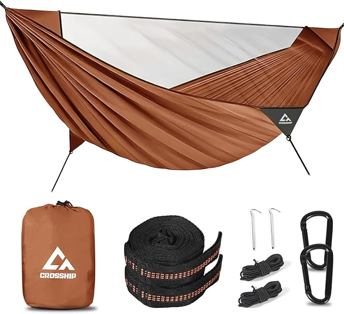 Camping Hammock with Mosquito Net, 2 Person Hammock Bug Net, Portable, Parachute Nylon for Outdoor, Camping, Hiking, Backpacking, Backyard, Beach, Travel (Hold Up to 500lbs) (Orange)