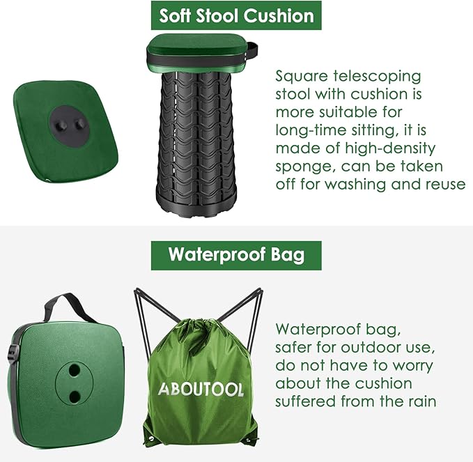 Folding Camping Stool, Square Collapsible Portable Stool with Elastic Seat Cushion& Adjustable Nylon Bag, Sturdy Lightweight Telescoping Foldable,Max Load 485lb (Green)