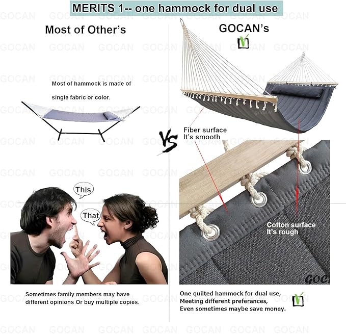 Double Hammock with Quilted Fabric and Spreader Bars,Longer and Sturdier,Quality Hammocks for Outdoor Indoor Patio Yard