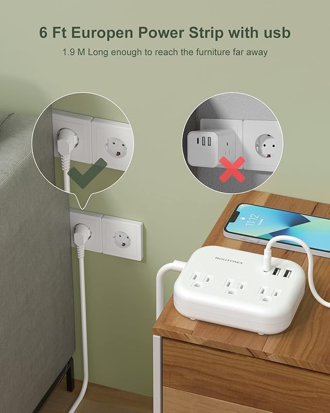 European Travel Plug Adapter, ROOTOMA 6ft International Power Strip 3 American Outlets, 3 USB Charger, US to Europe Plug Aadaptor, US to EU Power Adapter, for Spain France Germany Iceland, White