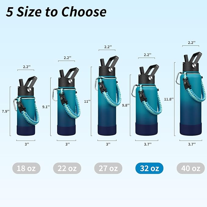 BJPKPK 32oz Insulated Water Bottles with 3 Lids, Paracord Handle & Non-slip Boot, Stainless Steel Metal Water Bottle,Reusable BPA Free Thermo, Tumblers, Vast