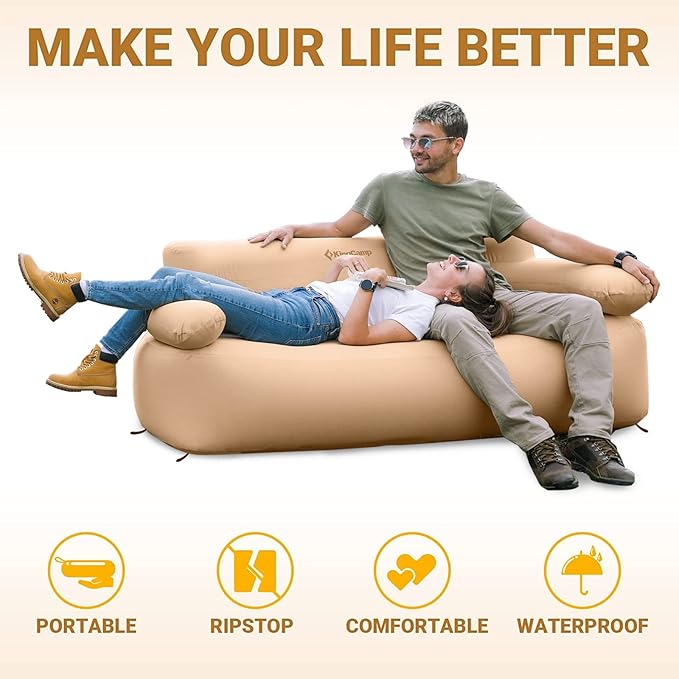 KingCamp Double Inflatable Couch for Camping, Portable Foldable Eco-Friendly Reach-Certified PVC Liner Air Lounger 2-Person Blow Up Sofa with Foot Pump, Pegs, Repair Kit & Removable Cover