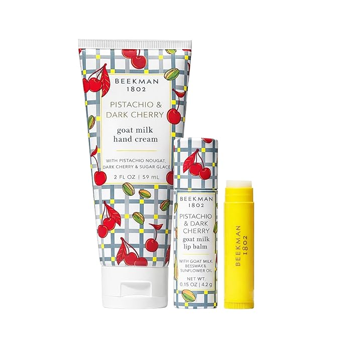 Beekman 1802 Goat Milk Hand Cream & Lip Balm Set – Hydrating Skincare Duo for Dry Hands & Chapped Lips – Moisturizing Hand Lotion & Lip Care Gift Set, Travel Size – Pistachio Dark Cherry