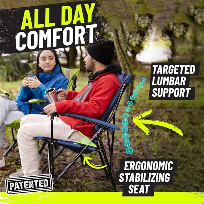 STRONGBACK Elite Folding Camping Lawn Lounge Chair Heavy Duty Camp Outdoor Seat with Lumbar Support and Portable Carry Bag - Navy/Grey