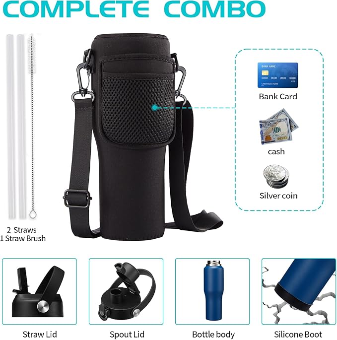 32 oz Water Bottles with Straw & Spout Lid - Keep Cold 48h & Hot 24h Vacuum Slim Metal Insulated Flask Fits in The Car, Bike, Treadmill, Stroller, Golf Cart Cup Holder, Travel Coffee Mug