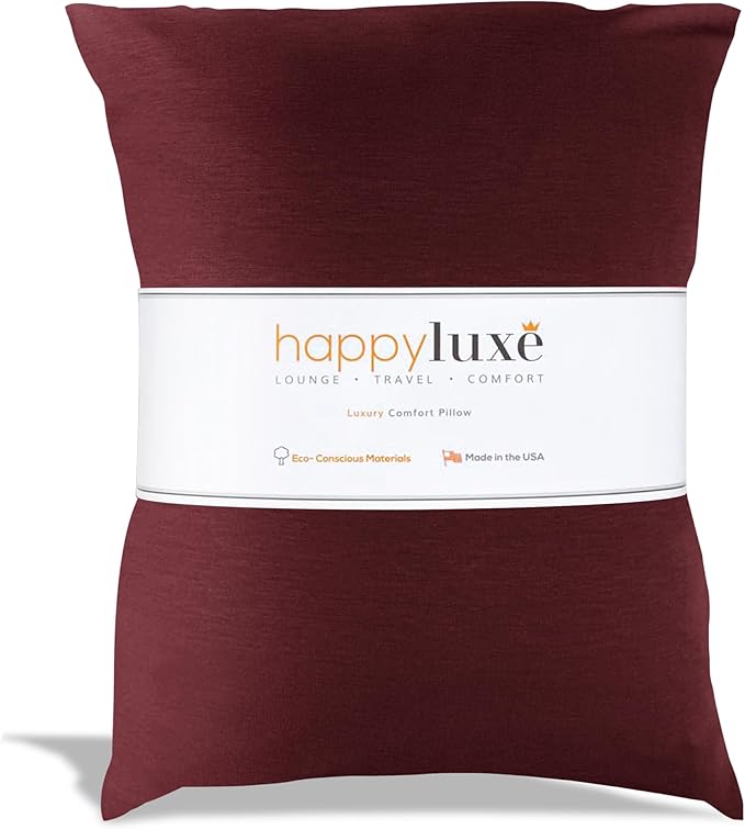 Happyluxe Odyssey Travel Pillow for Long Flights - Soft, Small, Alternative to Down and Memory Foam. 17 x 13in - Made in The USA, Cabernet Red Airplane Pillow for Adults Sleeping, Camping or Nap