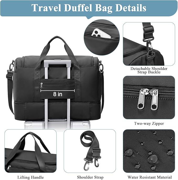 Large Travel Duffle Bag,Carry on Overnight Weekend Bag with Shoes Compartment,Weekender Bags for Women for Travel Business Trips Sport Hospital,Black