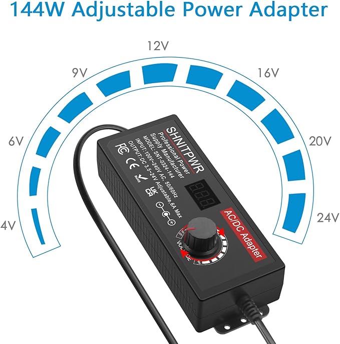 SHNITPWR Variable Universal Power Supply Adjustable DC 4V-24V 144W 6A AC/DC Adapter 100-240V AC to DC Converter with 16 Tips,Alligator Clips,DC Pigtail Power Cable, for LED Strip,CCTV,Camera,Radio