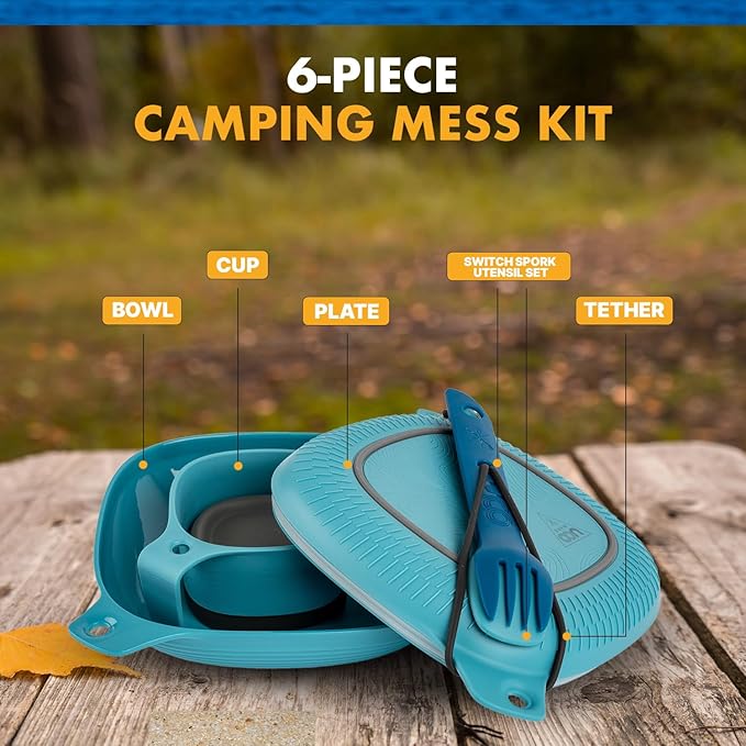 UCO 6-Piece Camping Mess Kit with Bowl, Plate, Camp Cup, and Switch Spork Utensil Set