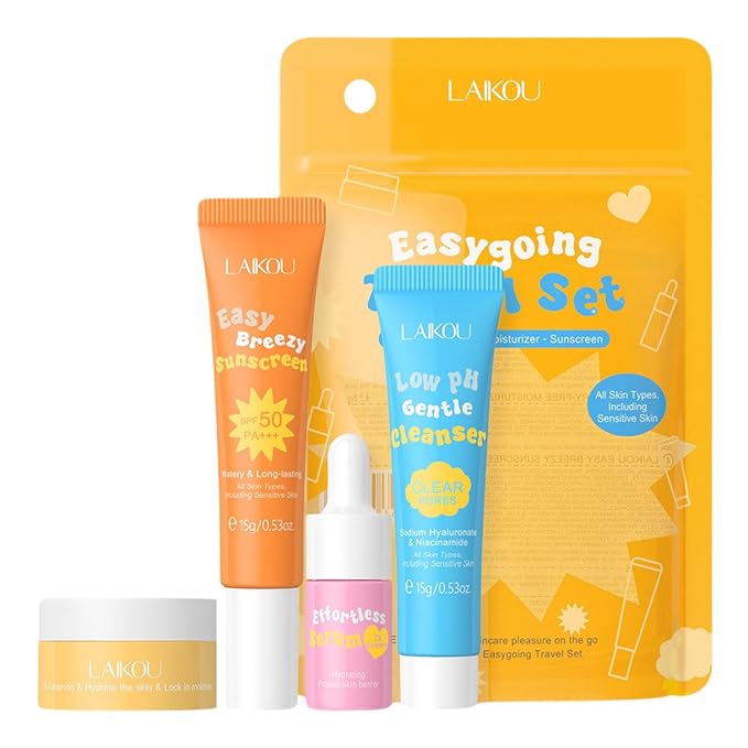Hydrating Skin Care Set Travel Kit, Gifts for Women and Teenage Girls, 4 Piece Skincare Essentials Set Mini Travel Size With Facial Cleanser, Cream, Serum, Sunscreen - Travel Essentials Gift Set