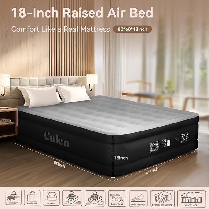 Calen Armor Tech Queen Air Mattress with Built in Pump,18”Luxury Inflatable Mattress with Six Side Protective layer Topper for Camping,Home, Fast Inflation/Deflation Airbed Waterproof Blow up Mattress