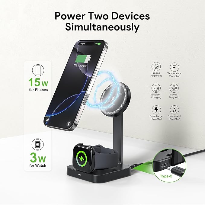 Esoulk 2 in 1 Wireless Charger for iPhone & Watch, 15W Fast Charging for Phone & 5W for Watch, Magnetic Wireless Charger Stand, Compact Foldable Charging Station for Travel