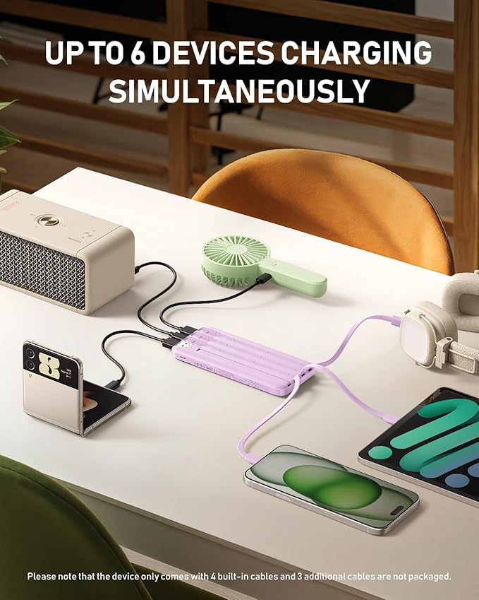 charmast Portable Charger with Built in Cables, 10000mAh Slim Power Bank, 15W USB C in&Out Port High Speed Charging External Charger, Battery Pack Compatible with iPhone 16 15 13 Samsung Google iPad