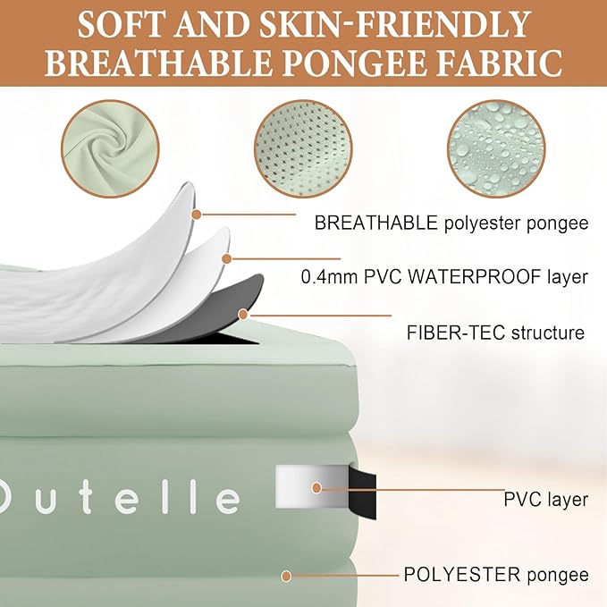 Air Mattress Twin with Built in Pump, with A Rechargeable USB-C Electric Bettery Pump, Self Inflatable Bed, Fiber-tech Puncture Resistant Air Bed for Camping, Indoor and Outdoor (18" Twin, Green)