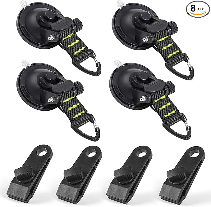 CONBOLA Suction Cups Hooks 8 pcs Car Camping Essentials Heavy Duty Tie Down Suction Cup Camper Accessories with Securing Hook Strong Power for Car Awning Boat SUV Tent Trap Window Glass.(Green,8 pcs)