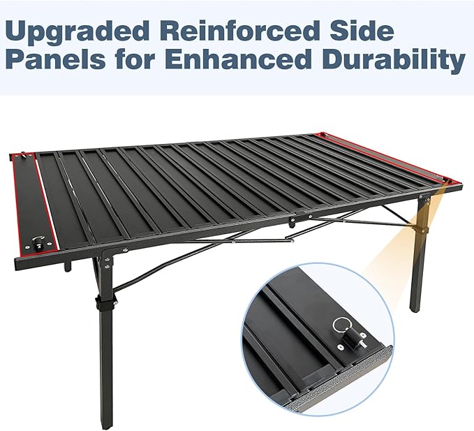 Large Folding Camping Table Aluminum for 5-7 People 55"X27.5" Roll Up Tall Outdoor Portable Table Lightweight with Carry Bag for Picnic BBQ Backyard Beach Black