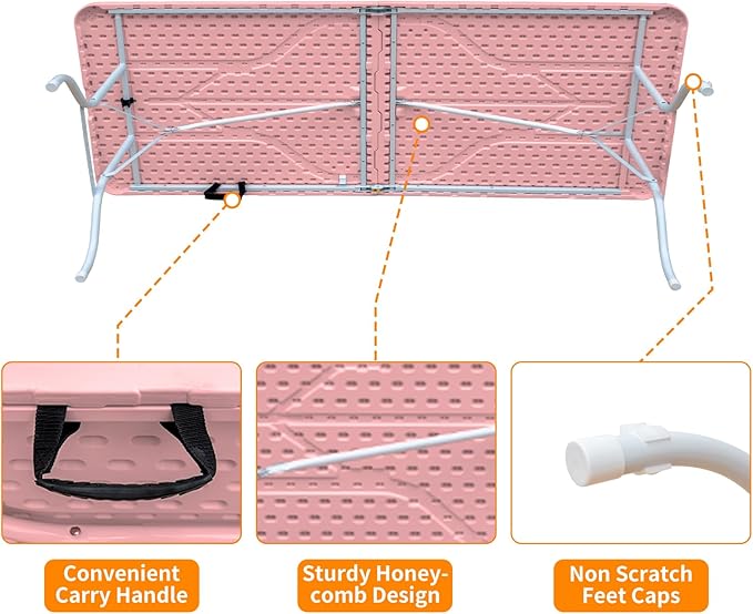 8 FT Folding Table with Carry Handle, Portable Fold-in-Half Plastic Table, Rectangle Foldable Table for Indoor/Outdoor Pink