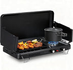 Bonnlo 2-in-1 Camping Stove with Propane Griddle, 15000 BTU Portable Gas Stove with Auto-Ignition, Foldable Windshield & Carry Handle, Camp Stove for Outdoor Cooking, BBQ, Frying, Camping, Tailgating