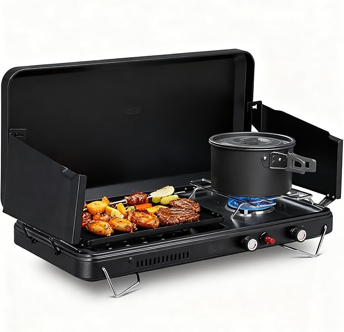 Bonnlo 2-in-1 Camping Stove with Propane Griddle, 15000 BTU Portable Gas Stove with Auto-Ignition, Foldable Windshield & Carry Handle, Camp Stove for Outdoor Cooking, BBQ, Frying, Camping, Tailgating