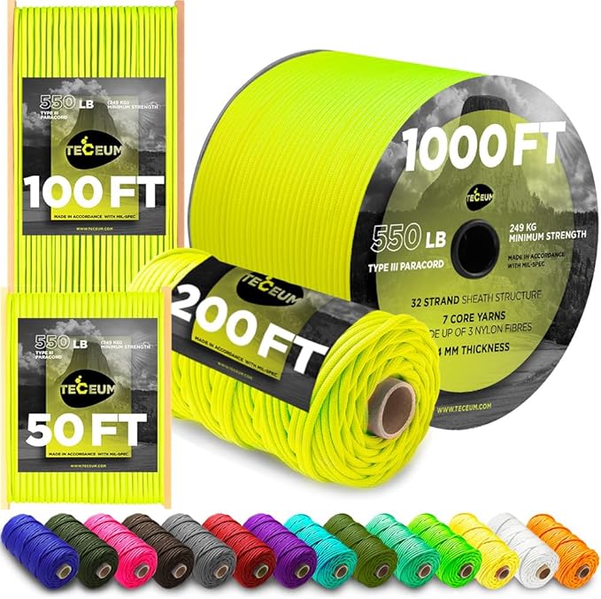 TECEUM 5/32" Paracord Rope 1000 – 1000ft / 200ft / 100ft / 50ft – Tactical Parachute Cord 4mm – 45+ Colors – Nylon String for Survival & Camping Gear – Stripe Cord for Survival – Utility Rope