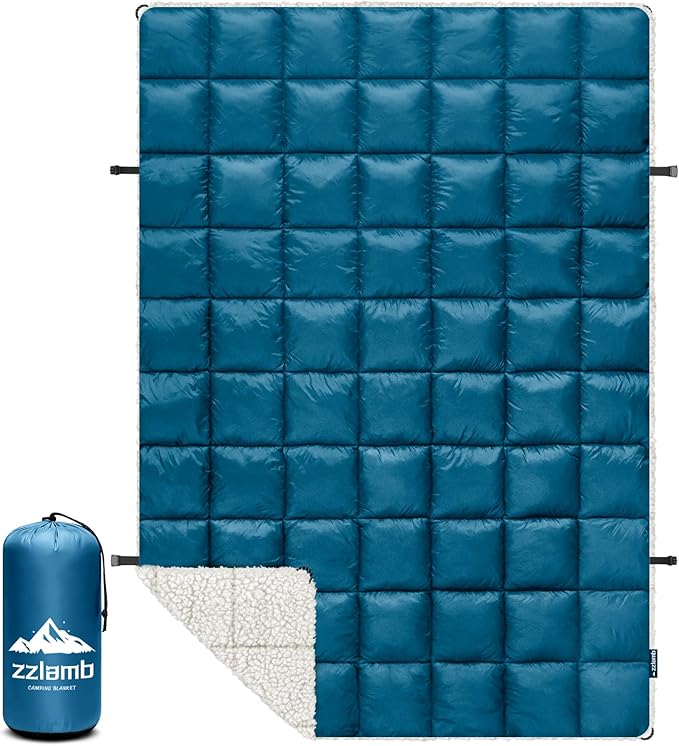 zzlamb Sherpa Puffy Camping Blanket,Packable Outdoor Warm Wearable Fleece Blankets for Cold Weather,Thick Camp Quilt with Sherpa Lining for Sleeping,Traveling,Backpacking,Picnics,Beach,Stadium 52x75in