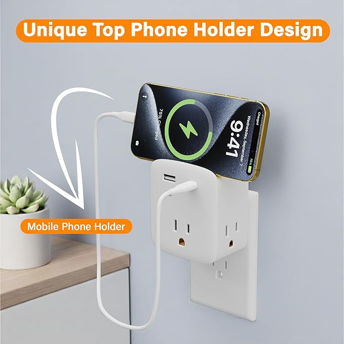 Multi Plug Outlet Extender, 3 AC Outlets with 2 USB Charging Ports (1 USB-C/1 USB-A), 3-Sided Power Strip with Lip, Small Wall Tap Plug Splitter for Cruise Dorm Essentials Home Office, ETL Listed