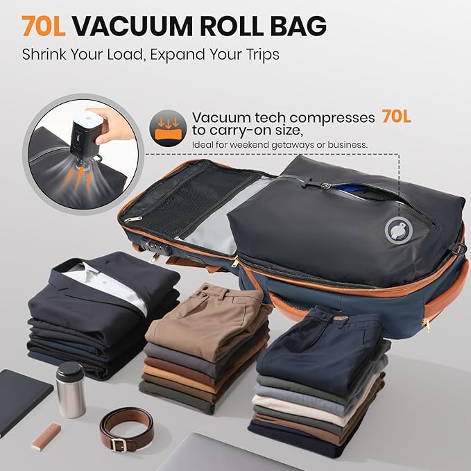Fanwoli Vacuum Rolling Travel Backpack, Carry On Luggage with TSA Lock & Anti Theft Zipper, 70L Expandable Airback with Compression Pump, Waterproof Laptop Bag Ideal for Flight & Business
