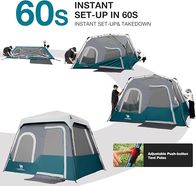 Camping Tents 4/6 Person Pop Up Instant Tent - Setup in 60s for Family Camping, Windproof Design, Family Cabin Tent with Rainfly & Backpack Carry Bag