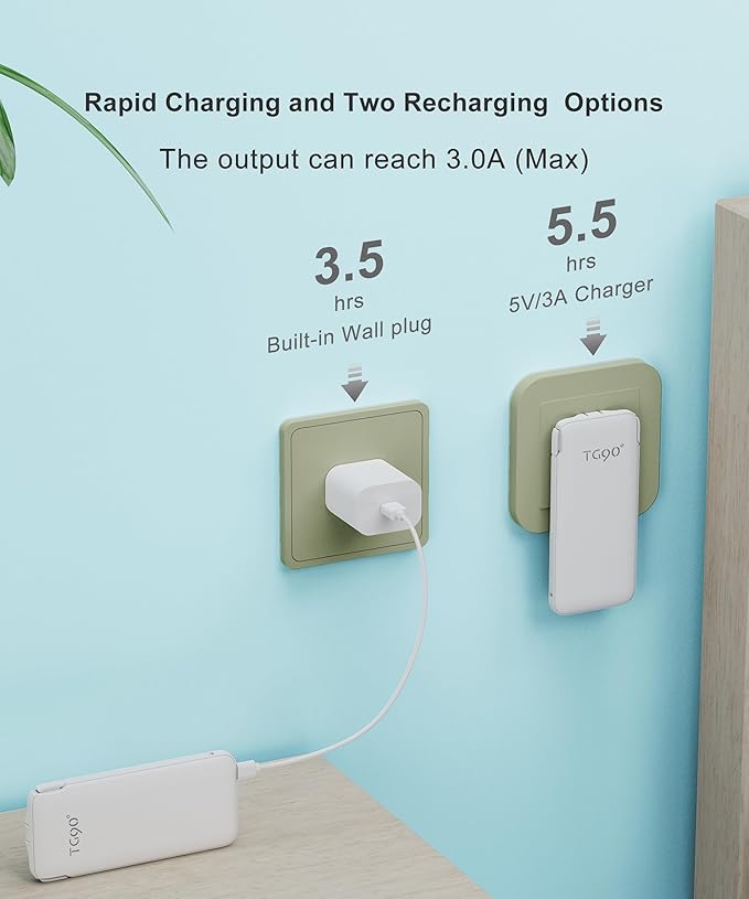 Portable Charger Power Bank with Built-in Cable & AC Plug, 10000mAh Fast USB-C Charger, Slim Mini Battery for iPhone 16/15/14/13/Pro/Max & All USB-C Devices