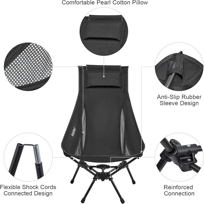 G4Free Folding Lightweight Camp Chair High Back Camping Chair Backpacking Chair Heavy Duty 330lbs with Headrest Pocket Black