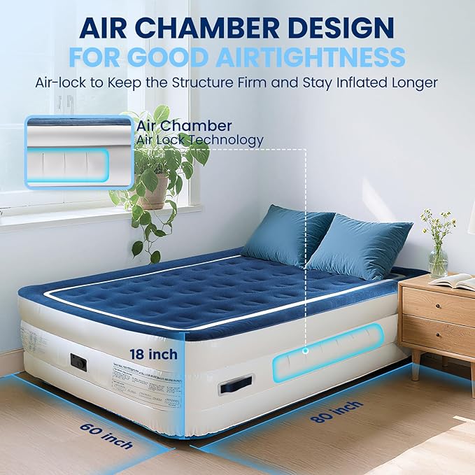 KINGJERRY Queen Air Mattress with Built in Pump, 4 Portable Handles, 18" Raised Comfort, Leak-Tested, Anti-collapse Design, 3 Mins Inflation, 800lb Support Inflatable Mattress for Home Guest & Camping