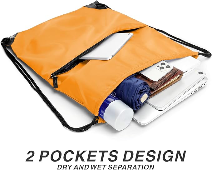 Drawstring Backpack Sports Water Resistant String Bag Sport Gym Sackpack for Women Men Large with Zipper, Orange
