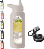 CIVAGO 40 oz Glass Water Bottle with Straw and Handle, Large Sports Motivational Water Bottle Flask with Time Marker and 2 Lids, Leakproof Water Jug Canteen with Silicone Sleeve for Gym,Apricot