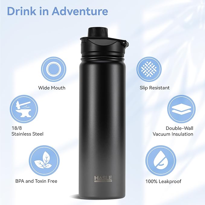 HASLE OUTFITTERS Insulated Water Bottle 22 oz Double Wall Stainless Steel Water Bottle Wide Mouth with Straw Lid & Spout Lid Keeps Cold or Hot(Black Gray Gradient,1)