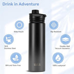 HASLE OUTFITTERS Insulated Water Bottle 22 oz Double Wall Stainless Steel Water Bottle Wide Mouth with Straw Lid & Spout Lid Keeps Cold or Hot(Black Gray Gradient,1)