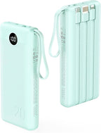 VRURC Portable Charger 20000mAh, Built-in Cables Fast Charging Power Bank, PD QC 3.0 Travel Essentials Battery Pack, 4 Output & 2 Input Phone Charger for iPhone16 15 14 13 X, Samsung, Android-Green