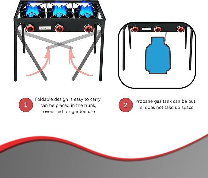 Vivicreate 3 Burner High pressure Propane Stove, 28 Inch Tall Camping Stove with cast iron burner 105000 BTU power, Stable Legs for Outdoor Use