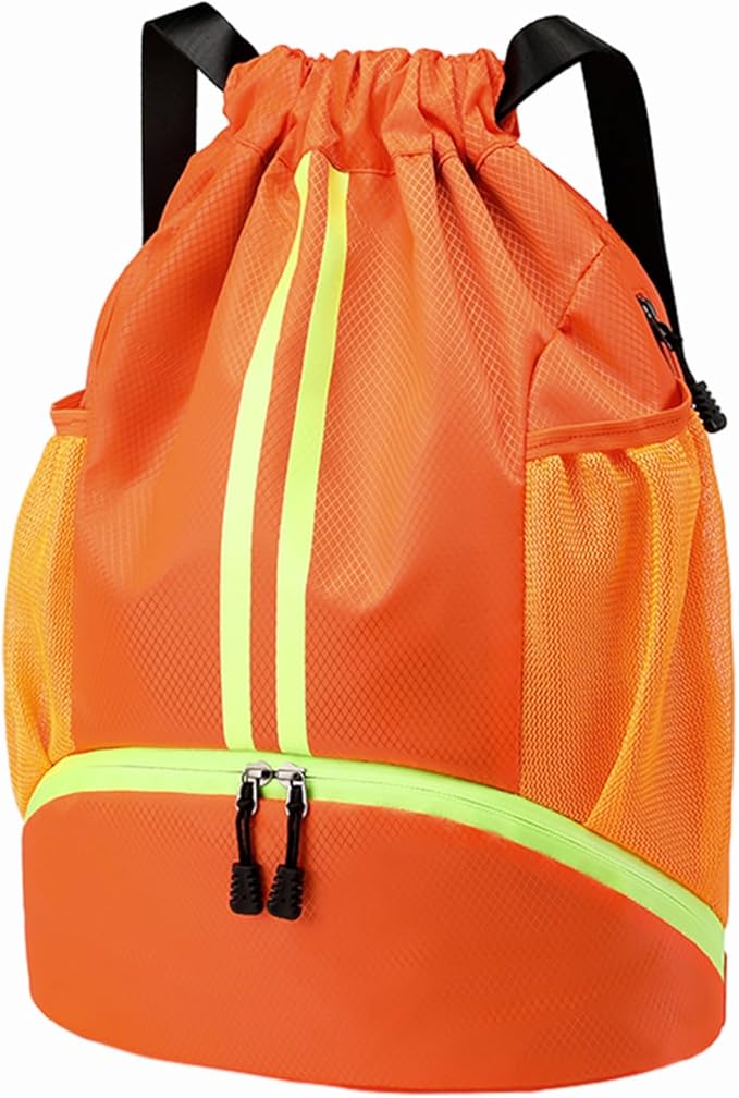 Hoedia Sports Drawstring Backpack - String Swim Gym Bag with Shoes Compartment and Wet Proof Pocket for Women/Men (Orange)
