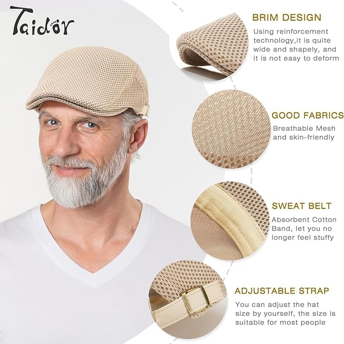 2 Pack Men's Mesh Cap Breathable Summer Newsboy Hat Adjustable Beret Ivy Cap Irish Cabbie Driving Hunting Hats