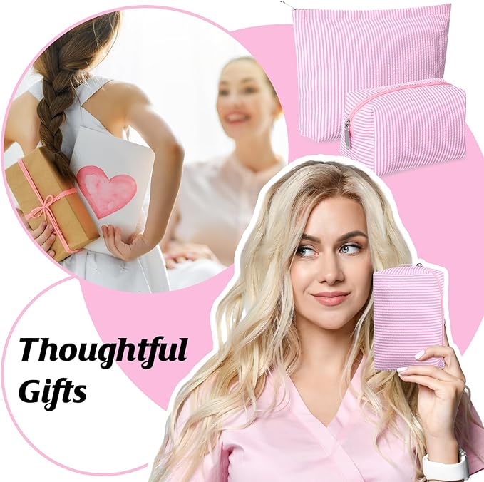 Huhumy 2 Pcs Makeup Bag Set Cute Cosmetic Pouch for Women Seersucker Travel Toiletry Bag Preppy Small Makeup Purse Pouch Aesthetic Skincare Brushes Storage Organizer for Valentine Women(Pink)