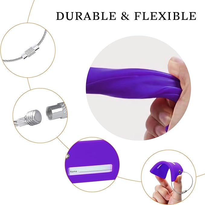 8 Pack Silicone Luggage Tag for Suitcases with Stainless Loop, TSA Approved, Privacy Protection Travel Essentials Bag Tags by Gostwo, Purple