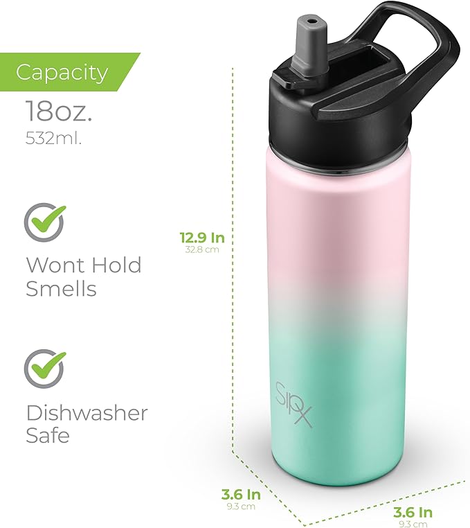 SipX™ Triple-Insulated Stainless Steel Water Bottle 18oz. With 3 Lids, BPA-Free Reusable Insulated Water Bottle Keeps Cold 24 Hours, (Gradiant Mint Pink)