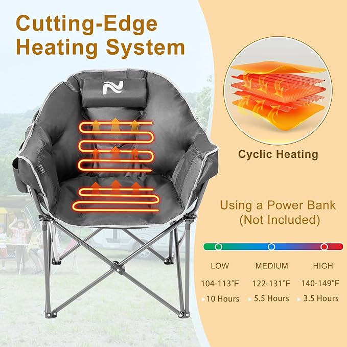 Slsy Heated Camping Chair Oversized, Outdoor Portable Heated Folding Chair, Heavy Duty 500 lbs Support, Padded Seat for Outdoor Sports, Camping, Patio, and Picnics