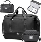 Large Travel Duffle Bag,Carry on Overnight Bag with Shoes Compartment,Weekender Bags for Women for Travel Business Trips Sport Hospital,3 Pcs Set,Black